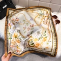 Floral print silk square scarf with golden chain patterns and elegant brown border - 65x65 / Caramel color