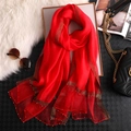 Elegant red silk sun protection scarf with gold trim and pearl beads for women - Red