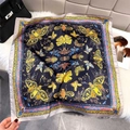 French style silk scarf with butterfly print and vintage geometric borders on plush background - Lemon Yellow / 65*65cm