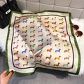 Elegant silk scarf featuring colorful dachshund prints and green edges on fur background - 65cmx65cm / Dark Green