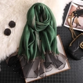 Dark green silk scarf with golden glitter border and beaded mesh details for women - Grass Green