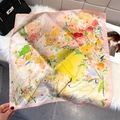 Elegant oil painting floral silk square scarf with vibrant watercolor flower prints - 65*65cm / Pink (W-515)