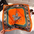 Retro zebra print silk square scarf in orange and green styled with luxury accessories - 65*65cm / Orange Red