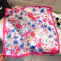Elegant floral silk square scarf with blue pink prints and bright pink borders - 65*65cm / Rose Red (W-546)