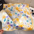Detail of floral silk square scarf with blue and yellow prints on white fur background - 65*65cm / Lemon Yellow (W-546)