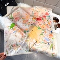 Silk-like square scarf with floral oil painting pattern on white faux fur background - 65*65cm / Creamy White (W-515)