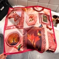 Artistic silk square scarf featuring vintage picture frame floral prints with red border - 65*65cm / Burgundy
