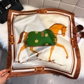 Detail of silk square scarf featuring vintage equestrian horse print and horsebit patterns - 65*65cm / Coffee
