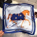 Elegant equestrian silk scarf with horse and bit patterns on white faux fur background - 65*65cm / Navy Blue