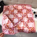 Pink silk square scarf with geometric chain and rose floral print on plush white background - 65*65cm / Pink