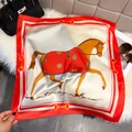 Elegant faux silk square scarf featuring a vintage horse print and red border details - 65*65cm / Bright Red