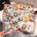 Elegant floral square silk scarf with coral pink borders and flower patterns for women - Colorful Floral Print / Peach Pink (W-529)
