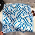 Elegant geometric blue and white checkered square silk scarf with light blue satin edges - Blue and White Irregular Geometric / Sky Blue