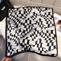 Luxurious geometric square silk scarf with black and white distorted checkerboard pattern - Black and White Twisted Chessboard / Black