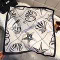 Silk square scarf with black and white ocean mermaid shell print on plush background - Ocean Seashell Print / Black