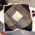 Elegant geometric stripe silk-like square scarf in navy and yellow draped on soft fur - Geometric Color Block Style (W-499) / Black