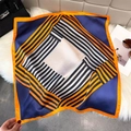 Satin square scarf with geometric stripes styled with luxury handbag and sunglasses - Geometric Color Block Style (W-499) / Dark Blue