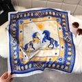 Detail of horse and sun pattern on navy blue and yellow luxury silk square scarf - Navy Blue