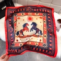 Silk-like square scarf featuring vintage horse and sun motifs with geometric borders - Red
