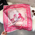 Detail of luxury silk square scarf with horse print and elegant pink and grey pattern - Pink