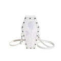 White coffin-shaped crossbody bag featuring embroidered rose and silver rivet accents - Rose Embroidery Style (3571) / White
