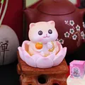 Zen cute cat figurine on pink lotus base with persimmon symbol and gift packaging - Cat With Persimmon (A Style Cat)