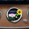 Cute cartoon pig car air vent clip holding a sunflower in blue knitted hat and green coat - Van Gogh Pig Style (2612A)