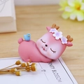 Pink resin deer figurine with blue bird, resting on desk for car or home decor - Pink Mini Style 9C