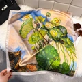 Detail of oil painting lotus print square scarf with delicate rolled edge stitching - Pink Apricot