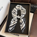 Elegant silk scarf with black and white floral prints tied in a bow on a black tray - 65*65cm / White (ZC-333)