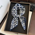 Elegant navy and white 100% mulberry silk square scarf with floral and geometric pattern - 65*65cm / Navy Blue (ZC-334)