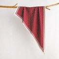 Dettaglio di un foulard in seta rosso scuro a pois, drappeggiato su un ramo di legno naturale - Rosso