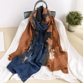 Elegant navy and caramel gradient silk scarf with floral patterns and sheer texture - Navy + Coffee