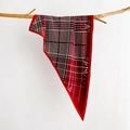 Detail view of a vintage red square silk scarf with black and white plaid hung on a wood branch - Red (SJ-34)