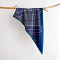 Detailed close-up of retro striped silk scarf with navy geometric patterns on a wood branch - Navy Blue (SJ-34)