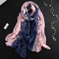 Pink and navy blue gradient silk scarf with floral embroidery and lightweight texture - Navy + Pink