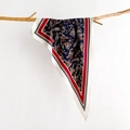 Detailed close-up of paisley pattern silk scarf hanging on a natural wooden branch - Geometric Blue / Red (SJ-24)