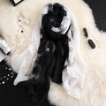 Elegant long gradient shawl scarf with black and white floral embroidery - Black + White