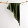 Detail of dark green silk scarf with white stripe border and letters on wooden branch - Fruit Green