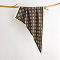 Detail of vintage French triangle scarf draped over a wooden branch on a white backdrop - Green (SJ-31)