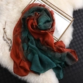 Écharpe longue élégante dégradé rouge brique et vert foncé avec broderie florale - Rouge Orangé + Vert
