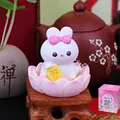 Cute rabbit figurine with lucky charm on pink lotus base and gift box included - Rabbit With Plaque (D Style Rabbit)