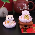 Cute pink cat and pig resin figurines on lotus bases for desk and car decor - Cat And Pig Duo