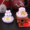 Pink lotus base resin bunny and piglet desk figurines with good luck golden charms - Pig And Rabbit Duo