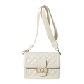 Beige quilted crossbody bag with golden V-buckle and stylish wide fabric shoulder strap - White