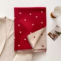 Double-sided deep red cashmere scarf with white heart patterns and soft fringe - 185x65cm / Red