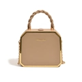 Hexagonal crossbody bag with twist handle and golden trim on apricot faux leather - Khaki