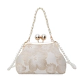 Elegante borsa cheongsam avorio con ricami floreali dorati e tracolla in perle finte - Bianco Sporco