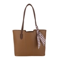 Braune Shopper-Tasche aus Kunstleder mit dekorativem Schal und vertikalen Ziernähten - Braun