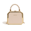 Octagonal cream box bag with gold metal frame and twisted rope handle for women - Beige